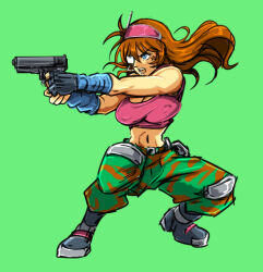  1girl aiming blue_eyes boots breasts brown_hair cleavage commentary_request covered_erect_nipples edie_burret elevator_action_returns facial_tattoo green_background gun handgun holding holding_gun holding_weapon large_breasts long_hair midriff pants patsuki solo star_tattoo tattoo weapon 