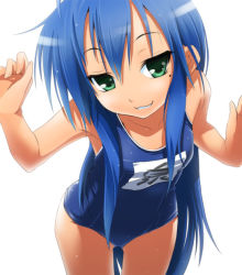  00s 1girl :3 armpits blue_hair collarbone flat_chest green_eyes izumi_konata long_hair lucky_star mole mole_under_eye name_tag naughty_face nilitsu one-piece_swimsuit school_swimsuit simple_background smile solo swimsuit thigh_gap very_long_hair wet white_background  rating:General score:181 user:puff-chan