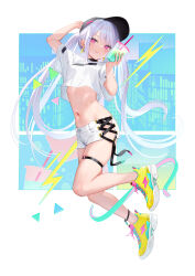  1girl baseball_cap blush breasts buttons commentary crop_top cup disposable_cup drinking_straw earrings english_commentary full_body hat highres holding jewelry licking_lips long_hair looking_at_viewer midriff mignon navel original page_number purple_hair red_eyes shiro-chan_(mignon) shoes short_shorts short_sleeves shorts small_breasts sneakers solo stomach thigh_strap tongue tongue_out twintails white_shorts 