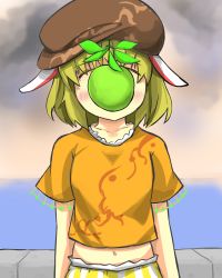 1girl animal_ears apple arms_at_sides blonde_hair blush brown_hat brown_shirt cloud cloudy_sky commentary_request covered_face cowboy_shot ears_down fine_art_parody floppy_ears food fruit gaoo_(frpjx283) green_apple hat highres horizon le_fils_de_l&#039;homme midriff name_connection navel object_namesake ocean orange_shirt pants parody pun rabbit_ears ringo_(touhou) shirt short_hair short_sleeves sky solo son_of_a_man striped_clothes striped_pants the_son_of_man touhou