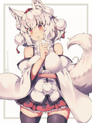  1girl animal_ears breasts commentary_request detached_sleeves hat inubashiri_momiji kuromiya large_breasts looking_at_viewer red_eyes red_hat solo tail thighhighs tokin_hat touhou white_hair white_sleeves wolf_ears wolf_girl wolf_tail zettai_ryouiki 