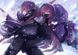  2girls armor ass banned_artist bare_shoulders bodysuit breasts carrying_over_shoulder covered_navel dress fate/grand_order fate_(series) feather_trim hair_between_eyes kyara36 large_breasts long_hair long_sleeves looking_at_viewer mask multiple_girls pantyhose pauldrons purple_bodysuit purple_dress purple_hair purple_legwear red_eyes scathach_(fate) scathach_skadi_(fate) shoulder_armor thighs tiara wand 