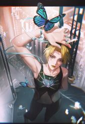  1girl absurdres arm_up bare_arms bare_shoulders black_pants black_tank_top blonde_hair blue_butterfly breasts bug building butterfly chinese_commentary chromatic_aberration city collarbone commentary curtained_hair foot_out_of_frame forehead from_above green_eyes highres insect jojo_no_kimyou_na_bouken kuujou_jolyne long_hair looking_at_viewer looking_up navel pants skyscraper small_breasts solo standing stone_ocean tank_top yellow_lips zhishi_yuyuanqiu 