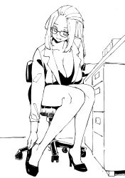 adjusting_clothes adjusting_shoe breasts breasts_on_lap glasses hanging_breasts highres huge_breasts inne_sulistya_robin jacket norman_maggot pencil_skirt pinned_back_hair sitting skirt tongue tongue_out
