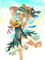 &gt;:d 1girl :d barefoot blue_dress blue_eyes blue_hair bow cirno dress fairy_wings flower food hair_bow hat hidden_star_in_four_seasons ice ice_cream ice_wings looking_at_viewer mouth_hold one_eye_closed open_mouth see-through_silhouette short_hair simple_background smile standing standing_on_one_leg straw_hat sun_hat sunflower tan tanned_cirno thick_eyebrows toes touhou v-shaped_eyebrows wings zounose rating:Sensitive score:2 user:danbooru