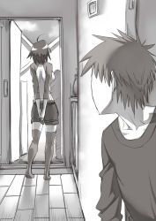 1boy 1girl ahoge arms_behind_back back brother_and_sister commentary_request from_behind greyscale own_hands_clasped indoors konakona monochrome original own_hands_together raglan_sleeves short_hair shorts siblings thighhighs zettai_ryouiki rating:Sensitive score:27 user:danbooru
