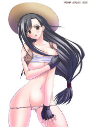  1990s_(style) akazaki_yasuma black_hair blush breasts_squeezed_together breasts clothes_lift cowboy_hat cowboy_western earrings final_fantasy final_fantasy_vii fingerless_gloves gloves hat jewelry large_breasts long_hair navel open_mouth panties ponytail retro_artstyle shirt_lift square_enix tifa_lockhart underboob underwear vest yellow_eyes  rating:Questionable score:16 user:if_by_whiskey