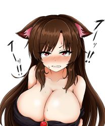 1girl alternate_breast_size angry animal_ears bare_shoulders blush breast_hold breasts brown_hair cleavage clenched_teeth collarbone crying crying_with_eyes_open ears_down highres huge_breasts imaizumi_kagerou isshin_(sasayamakids) long_hair looking_at_viewer nose_blush off_shoulder parted_lips red_eyes simple_background solo streaming_tears sweat tears teeth touhou translation_request tsurime upper_body v-shaped_eyebrows very_long_hair white_background wolf_ears rating:Sensitive score:27 user:danbooru