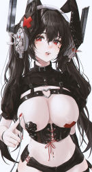  1girl absurdres animal_ears areola_slip bbeedol black_choker black_gloves black_hair black_shirt black_theme breasts chest_harness choker cleavage clothing_cutout cowboy_shot crop_top elbow_gloves fake_animal_ears fingerless_gloves framed_breasts gloves harness headphones highres large_breasts lip_piercing long_hair looking_at_viewer micro_shorts midriff mole mole_under_eye mouth_piercing nail_polish navel navel_piercing original pasties piercing rabbit_ears red_eyes red_nails revealing_clothes satellite shirt short_sleeves shorts side_cutout single_glove solo stomach twintails wristband  rating:Questionable score:34 user:danbooru