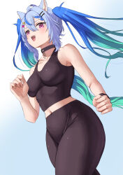  1girl ahoge animal_ears aqua_hair armpits artist_request bare_shoulders blue_background blue_hair blush breasts character_request fangs gradient_hair hair_ornament jewelry large_breasts light_blue_hair looking_down multicolored_hair navel necklace open_mouth pants purple_eyes smile teeth twintails upper_teeth_only virtual_youtuber x_hair_ornament 