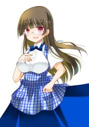  1girl apron black_hair blue_apron blue_bow blue_bowtie blue_skirt blush bow bowtie breasts checkered_apron checkered_clothes choukai_(kancolle) employee_uniform gingham gingham_apron gingham_skirt glasses hand_on_own_chest high-waist_skirt highres inscco kantai_collection kobeya_uniform large_breasts long_hair looking_at_viewer open_mouth plaid plaid_apron pleated_shirt red_eyes rimless_eyewear shirt short_sleeves skirt smile solo uniform waitress white_shirt 