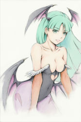  bare_shoulders bat_symbol bent_over breasts bridal_gauntlets capcom cleavage demon_girl green_eyes green_hair head_wings highres large_breasts long_hair morrigan_aensland navel_visible_through_clothes parted_lips simple_background tyanoki vampire_(game) wings  rating:Sensitive score:18 user:Chiiasa