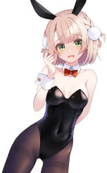  1girl animal_ears banana_de_ikopon black_leotard blonde_hair bow bowtie breasts covered_navel cowboy_shot detached_collar green_eyes hair_ornament highres indie_virtual_youtuber leotard looking_at_viewer orange_bow orange_bowtie pantyhose playboy_bunny pom_pom_(clothes) pom_pom_hair_ornament rabbit_ears shigure_ui_(vtuber) short_hair simple_background small_breasts strapless strapless_leotard virtual_youtuber white_background wrist_cuffs 