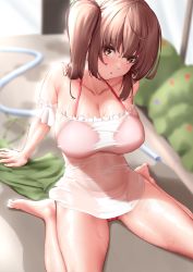 1girl :o absurdres barefoot bikini bikini_under_clothes blurry blurry_background blush breasts brown_eyes brown_hair cameltoe cleavage unworn_clothes collarbone commentary_request etsunami_kumita feet highres large_breasts looking_at_viewer moe2022 open_mouth original pink_bikini see-through shirt sidelocks sitting swimsuit thighs toes twintails wariza wet wet_clothes white_shirt rating:Sensitive score:25 user:danbooru