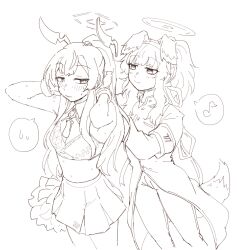  2girls absurdres animal_ears armband arms_up blue_archive blush bracelet breasts cleavage cosplay costume_switch dog_ears dog_tail facial_mark gakuran greyscale hair_ribbon hairband halo hariyaa hibiki_(blue_archive) hibiki_(blue_archive)_(cosplay) hibiki_(cheer_squad)_(blue_archive) highres jacket jewelry long_hair midriff monochrome multiple_girls musical_note official_alternate_costume panties pleated_skirt pom_pom_(cheerleading) ribbon school_uniform sidelocks skirt smile spoken_musical_note spoken_sweatdrop sweat sweatdrop tail underwear utaha_(blue_archive) utaha_(blue_archive)_(cosplay) utaha_(cheer_squad)_(blue_archive) 