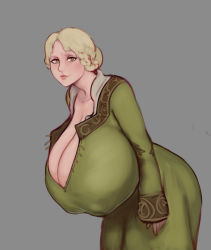  1girl blonde_hair breasts cleavage clothes dress female_focus from_software gigantic_breasts green_dress green_eyes grey_background highres long_hair looking_at_viewer mature_female mature_female rya_(elden_ring) shinyglute simple_background smile solo  rating:Questionable score:78 user:SlayDash