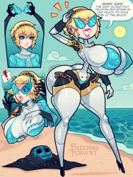  1girl aegis_(persona) ass ass_expansion beach blonde_hair blue_eyes blush breast_expansion grabbing_another&#039;s_breast breasts corruption doll covered_erect_nipples grabbing headphones high_heels highres huge_ass knick_knack large_breasts lipstick makeup narrow_waist persona persona_3 robot robot_girl shadow_(persona) short_hair solo sunglasses sunny_miami swimsuit text_focus transformation wide_hips zoe_stanly  rating:Questionable score:41 user:monstermasher