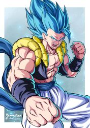  1boy 2094banana abs black_vest blue_eyes blue_hair blue_sash clenched_hands cropped_vest dragon_ball dragon_ball_super dragon_ball_super_broly gogeta highres looking_at_viewer male_focus medium_hair metamoran_vest muscular muscular_male open_mouth pants sash solo spiked_hair teeth vest white_pants 