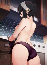  1girl ass back bare_shoulders black_hair black_panties breasts from_behind hairband kitchen kitchen_hood koahri panties red_eyes solo spy_x_family standing thighs topless underwear underwear_only white_hairband yor_briar  rating:Sensitive score:170 user:danbooru