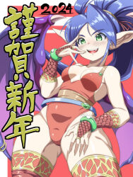  1girl 2024 bare_shoulders blue_hair blush breasts breath_of_fire breath_of_fire_ii bridal_gauntlets chinese_zodiac commentary_request cowboy_shot dragon_girl dragon_wings fang fingernails gluteal_fold green_eyes groin_tendon highleg highleg_leotard highres leotard long_hair medium_breasts new_year open_mouth patty_the_phantom_thief pointy_ears ponytail red_background red_leotard red_scales red_thighhighs sharp_fingernails smile solo sway_back teeth thighhighs thighs tsuna_(al_dente) upper_teeth_only variant_set wings year_of_the_dragon 