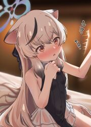  1girl absurdres animal_ear_fluff animal_ears arm_up bare_arms bare_shoulders barefoot black_dress blue_archive blue_halo blurry blurry_background blush breasts brown_eyes cabbage_(chlehd2239) covered_navel dress frilled_dress frills furrowed_brow gradient_hair hair_between_eyes hair_spread_out halo hand_up highres implied_handjob kokona_(blue_archive) long_hair looking_ahead motion_lines multicolored_hair nose_blush on_bed open_mouth shirt sitting sleeveless sleeveless_dress small_breasts solo straight_hair streaked_hair striped_clothes striped_dress striped_shirt vertical-striped_clothes vertical-striped_dress vertical-striped_shirt very_long_hair wariza white_hair 