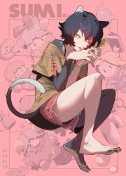  1girl ;p ambrosia_(dungeon_meshi) animal_ears barefoot black_fur black_hair black_nails body_fur book bra_strap brown_shirt cat_ears cat_girl cat_tail character_doll chilchuck_tims cross-laced_clothes dungeon_meshi egg feet fingernails food hair_between_eyes highres holding holding_spoon inset_border interlocked_fingers izutsumi kensuke_(dungeon_meshi) laios_touden legs long_fingernails long_toenails looking_at_viewer mage_staff marcille_donato off-shoulder_shirt off_shoulder one_eye_closed onigiri own_hands_together pink_background pink_shorts pouch rabbit raneblu senshi_(dungeon_meshi) shirt short_eyebrows short_hair short_sleeves shorts slit_pupils solo spoon sword tail tentacles toenails toes tongue tongue_out v-shaped_eyebrows walking_mushroom_(dungeon_meshi) weapon wok yellow_eyes 