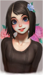  1girl absurdres blue_flower bob_cut breasts brown_hair collarbone cropped_torso flower flower_request grey_background hair_flower hair_ornament highres looking_at_viewer original parted_lips pink_flower randy_(awesomevillage) rose short_hair simple_background small_breasts solo sweater swept_bangs teeth upper_body 