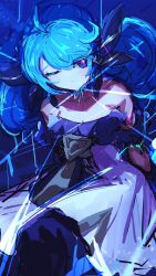 1girl absurdres ahoge bare_shoulders black_bow black_dress black_pantyhose blush bow collarbone detached_sleeves dress green_hair grey_dress gwen_(league_of_legends) hair_bow highres league_of_legends looking_at_viewer monakan_japan one_eye_closed pantyhose sitting solo twintails rating:General score:4 user:danbooru