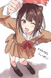  1girl ;d arm_up bad_id bad_twitter_id bang_dream! breasts brown_dress brown_footwear brown_hair bullfalk collarbone commentary_request cone_hair_bun double_bun dress full_body grey_socks hair_bun hanasakigawa_school_uniform hand_on_own_hip hashtag highres holding light_blush loafers long_sleeves looking_at_viewer medium_breasts medium_hair neck_ribbon one_eye_closed open_mouth purple_eyes red_ribbon ribbon sailor_dress school_uniform shadow shoes sidelocks simple_background smile socks solo toyama_kasumi translation_request v-shaped_eyebrows white_background winter_uniform 