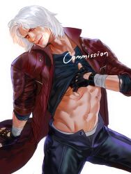  1boy abs bara beard blue_eyes clothes_lift clothes_pull coat dante_(devil_may_cry) devil_may_cry_(series) devil_may_cry_5 facial_hair fingerless_gloves gloves highres holding lifting_own_clothes lips looking_at_viewer male_focus male_pubic_hair mature_male muscular muscular_male navel nose parted_lips photorealistic pubic_hair realistic red_coat shirt shirt_lift simple_background smile solo still_life toned toned_male upper_body white_hair zuoshan123 