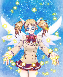  10s 1girl akiyoshi_sadanori angel_wings blue_eyes bow brown_hair glasses kakumeiki_valvrave ribbon sakurai_aina school_uniform skirt solo star_(symbol) twintails wings 