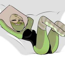  1girl arms_behind_head arms_up ass blushmallet breasts colored_skin forehead_jewel green_skin grin hip_focus kneehighs leotard naughty_face on_bed peridot_(steven_universe) smile socks steven_universe sweat  rating:Questionable score:99 user:HailFireArt