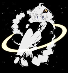  1girl :/ ahoge blending blue_eyes braid closed_mouth collared_shirt cross_tie crossed_arms dress floating full_body fur-trimmed_jacket fur_trim hair_ornament highres hugging_own_legs jacket kizuna_akari knees_up long_hair long_sleeves looking_at_viewer low_twin_braids meteor_shower onion_jounouchi orbited planetary_ring shirt shoes short_dress solo space star_(sky) symbol_in_eye twin_braids very_long_hair vocaloid voiceroid 