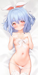 1girl bed_sheet blue_hair blush breasts closed_mouth commentary groin hair_ribbon heart heart_hands highres hololive lying navel nipples on_back panties panty_pull red_eyes ribbon ruien_(wu_jui-en) small_breasts smile solo stomach symbol-only_commentary thick_eyebrows thighhighs underwear usada_pekora virtual_youtuber white_panties white_ribbon rating:Questionable score:87 user:danbooru