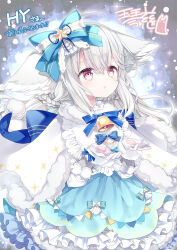 ahoge animal_ear_fluff animal_ears artist_name back_bow bell bib blue_bow blue_dress bow bowtie capelet collar commission dress facing_away fox_ears fox_girl fox_tail frilled_collar frilled_dress frills fur-trimmed_capelet fur-trimmed_dress fur-trimmed_gloves fur_trim gloves hair_between_eyes hair_bow hair_ornament hair_scrunchie hands_up high_collar highres kotoji large_bow large_ears large_tail layered_dress long_hair long_sleeves open_hands open_mouth original outstretched_hand parted_lips print_dress puffy_sleeves red_eyes sakurada_shiro_(hy_plus) sakurada_shiro_(winter)_(hy_plus) scrunchie signature star_(symbol) star_ornament starry_background striped_clothes striped_dress tail thank_you upper_body vertical-striped_sleeves very_long_hair white_capelet white_footwear white_gloves white_hair white_sleeves winter_clothes 