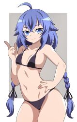  1girl absurdres abysswatchers ahoge armpit_crease bikini black_bikini black_ribbon blue_eyes blue_hair braid breasts closed_mouth groin hair_between_eyes hair_ribbon hand_on_own_hip highres long_hair mushoku_tensei navel pointing pointing_up ribbon roxy_migurdia simple_background small_breasts smile solo stomach swimsuit twin_braids very_long_hair 