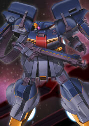  absurdres ammunition_belt commentary_request glowing glowing_eye gun gundam gundam_sentinel highres looking_to_the_side machine_gun machinery mecha mobile_suit no_humans one-eyed primate_nemesis purple_eyes robot science_fiction signature space star_(symbol) starry_background thrusters weapon xeku_eins 