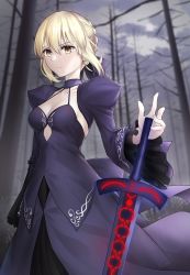  &gt;:( 1girl absurdres artoria_pendragon_(all) bangs black_dress blonde_hair bow_dress braid braided_bun breasts collarbone cowboy_shot cutout_above_navel dress excalibur_morgan_(fate) fate/stay_night fate_(series) forest frilled_sleeves frills gothic_lolita hair_between_eyes hair_bun half_updo halter_dress halterneck highres lolita_fashion nature saber_alter shrug_(clothing) sidelocks small_breasts solo sword tsurupy v-shaped_eyebrows weapon wide_sleeves yellow_eyes 
