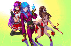  3girls allan_dias asamiya_athena black_gloves black_thighhighs blue_hair blunt_bangs breasts brown_hair cleavage crystal female_focus fingerless_gloves full_body gauntlets gloves hairband hand_fan high_ponytail highres holding holding_fan kula_diamond large_breasts long_hair multiple_girls one_eye_closed parted_bangs pixel_art pleated_skirt purple_eyes purple_hair red_eyes red_footwear red_hairband red_lips red_sailor_collar red_skirt sailor_collar school_uniform serafuku shiranui_mai skirt smirk snk standing standing_on_one_leg teeth the_king_of_fighters thighhighs v wink 