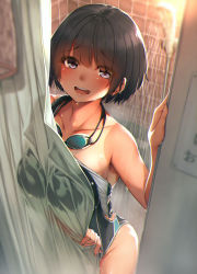 1girl :d black_hair blue_eyes blush breasts collarbone competition_swimsuit curtain_grab curtains eyes_visible_through_hair female_focus goggles goggles_around_neck highres indoors large_breasts looking_at_viewer one-piece_swimsuit one-piece_tan open_mouth original rerrere round_teeth short_hair shower_(place) shower_curtain shower_head smile solo standing strap_slip swimsuit tan tanline teeth upper_teeth_only wet rating:Sensitive score:52 user:danbooru