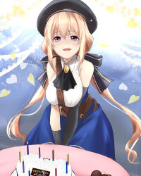  1girl ascot assault_lily asymmetrical_gloves bare_shoulders beret birthday_cake black_ascot black_bow black_gloves black_hat blonde_hair blue_background blue_skirt bow breasts brooch cake candle character_name collared_shirt commentary cowboy_shot elbow_gloves food gloves gradient_background hair_between_eyes hair_bow hand_on_lap happy_birthday hat heart high-waist_skirt highres indoors invisible_chair jewelry large_breasts long_hair looking_at_viewer low_twintails odaiba_girls_high_school_uniform parted_lips purple_eyes school_uniform shirt sidelocks sitting skirt sleeveless sleeveless_shirt smile solo table takehisa_nakaba twintails uneven_gloves urutsu_sahari very_long_hair white_background white_shirt yellow_gemstone 
