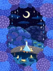  bird blue_flower chick crescent_moon duck flower highres hydrangea lily_pad looking_up moon night no_humans original outdoors paco_(piko_chan723) purple_flower ripples sitting water wooden_bridge 