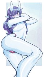1boy absurdres arched_back artist_name ass blue_skin blush bulge colored_skin hair_over_one_eye highres horns ittla kyou_(ittla) long_hair male_focus nipples oni oni_horns original pointy_ears purple_hair topless_male solo thick_eyebrows thong trap twisted_torso wavy_hair rating:Questionable score:29 user:danbooru