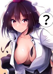1girl ? bad_id bad_twitter_id black_hair black_skirt blush breasts brown_eyes buttons chipa_(arutana) closed_mouth collared_shirt commentary_request downblouse extended_downblouse hair_between_eyes hand_on_own_hip hat large_breasts leaning_forward long_sleeves looking_at_viewer navel nipples no_bra pom_pom_(clothes) popped_button shameimaru_aya shirt short_hair skirt smile solo spoken_question_mark tokin_hat touhou unbuttoned unbuttoned_shirt upper_body veins veiny_breasts wardrobe_malfunction white_shirt rating:Questionable score:69 user:danbooru