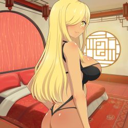  1girl ass babydoll bed bedroom black_babydoll blonde_hair challengia dark-skinned_female dark_skin hand_on_own_hip indoors leotard lingerie long_hair looking_at_viewer looking_back nchans nchans_style official_art one_eye_covered orcaleon pillow quachan smile thighs underwear yellow_eyes 