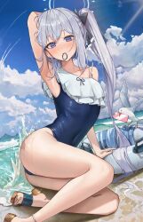  1girl ankle_ribbon arm_behind_head arm_support arm_up armpits ass beach black_bow blue_archive blue_halo blue_one-piece_swimsuit blue_ribbon blue_sky bow breasts casual_one-piece_swimsuit cellphone closed_mouth cloud cloudy_sky collarbone covered_navel day dot_nose frilled_one-piece_swimsuit frills full_body hair_bow hair_tie_in_mouth halo highres innertube kuren_kren leg_ribbon lifebuoy light_blush long_hair looking_at_viewer miyako_(blue_archive) miyako_(swimsuit)_(blue_archive) mouth_hold one-piece_swimsuit phone ponytail purple_eyes ribbon sandals sidelocks sitting sky small_breasts smartphone solo swim_ring swimsuit thighs toes very_long_hair water wet white_hair white_innertube yokozuwari 