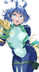  1girl :o absurdres arm_behind_back blue_bodysuit blue_eyes blue_hair bodysuit boku_no_hero_academia breasts bright_pupils commentary covered_collarbone cowboy_shot fengling_(furin-jp) gloves green_bodysuit hadou_nejire hair_horns hand_up highres large_breasts leaning_forward legs_together light_blush looking_at_viewer multicolored_bodysuit multicolored_clothes open_mouth pouch short_hair simple_background skin_tight solo standing superhero_costume teeth thigh_pouch thigh_strap upper_teeth_only white_background white_pupils yellow_gloves 