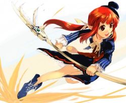  00s 1girl dungeon_and_fighter female_focus hat lowres mage_(dungeon_and_fighter) mini_hat red_eyes red_hair solo staff tagme top_hat  rating:Sensitive score:5 user:impedio
