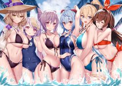 6+girls ahoge akusema alternate_breast_size amber_(genshin_impact) arched_back arm_up asymmetrical_docking bare_shoulders bikini black_bikini blonde_hair blue_hair blue_one-piece_swimsuit blush breast_press breasts brown_hair cameltoe cleft_of_venus closed_eyes closed_mouth cloud collarbone cone_hair_bun cowboy_shot crossed_bangs day earrings flower front-tie_bikini_top front-tie_top ganyu_(genshin_impact) genshin_impact green_eyes grin groin hair_between_eyes hair_bun hair_flower hair_ornament hair_ribbon hand_on_another&#039;s_stomach hat hat_flower highres jean_(genshin_impact) jewelry keqing_(genshin_impact) large_breasts leaning_forward light_brown_hair lisa_(genshin_impact) long_hair multiple_girls navel o-ring o-ring_bikini ofuda one-piece_swimsuit outdoors palm_tree pink_eyes purple_hair qiqi_(genshin_impact) raised_eyebrows red_bikini red_ribbon ribbon rose school_swimsuit side-tie_bikini_bottom skindentation smile sparkle string_bikini swimsuit teeth tree twintails underboob upper_teeth_only vision_(genshin_impact) wading water wet rating:Questionable score:278 user:danbooru