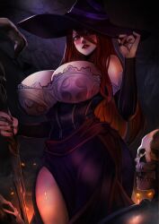  breasts brown_hair dark_background dragon&#039;s_crown hat highres huge_breasts large_breasts lips skeleton skull sorceress_(dragon&#039;s_crown) witch witch_hat xuuikie_ashe  rating:Sensitive score:46 user:JoeJoeTheBro
